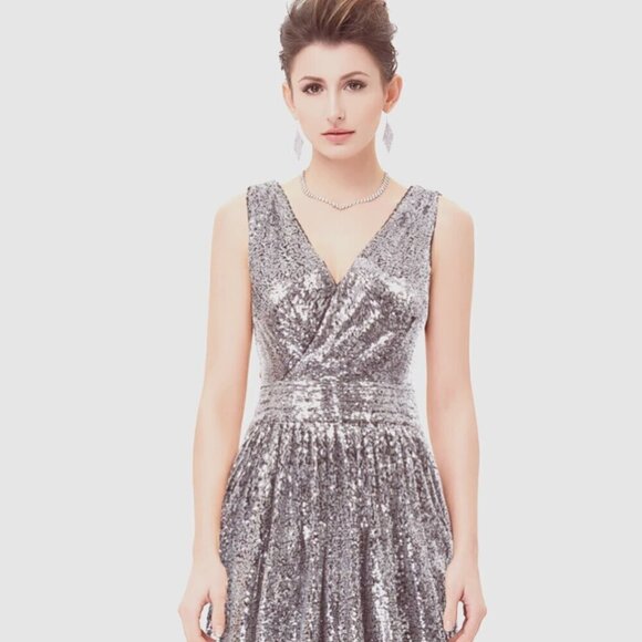 Kate Kasin SZ14 Silver Sequin Grecian Cut Cocktail Dress Prom Formal Wedding - Picture 1 of 12